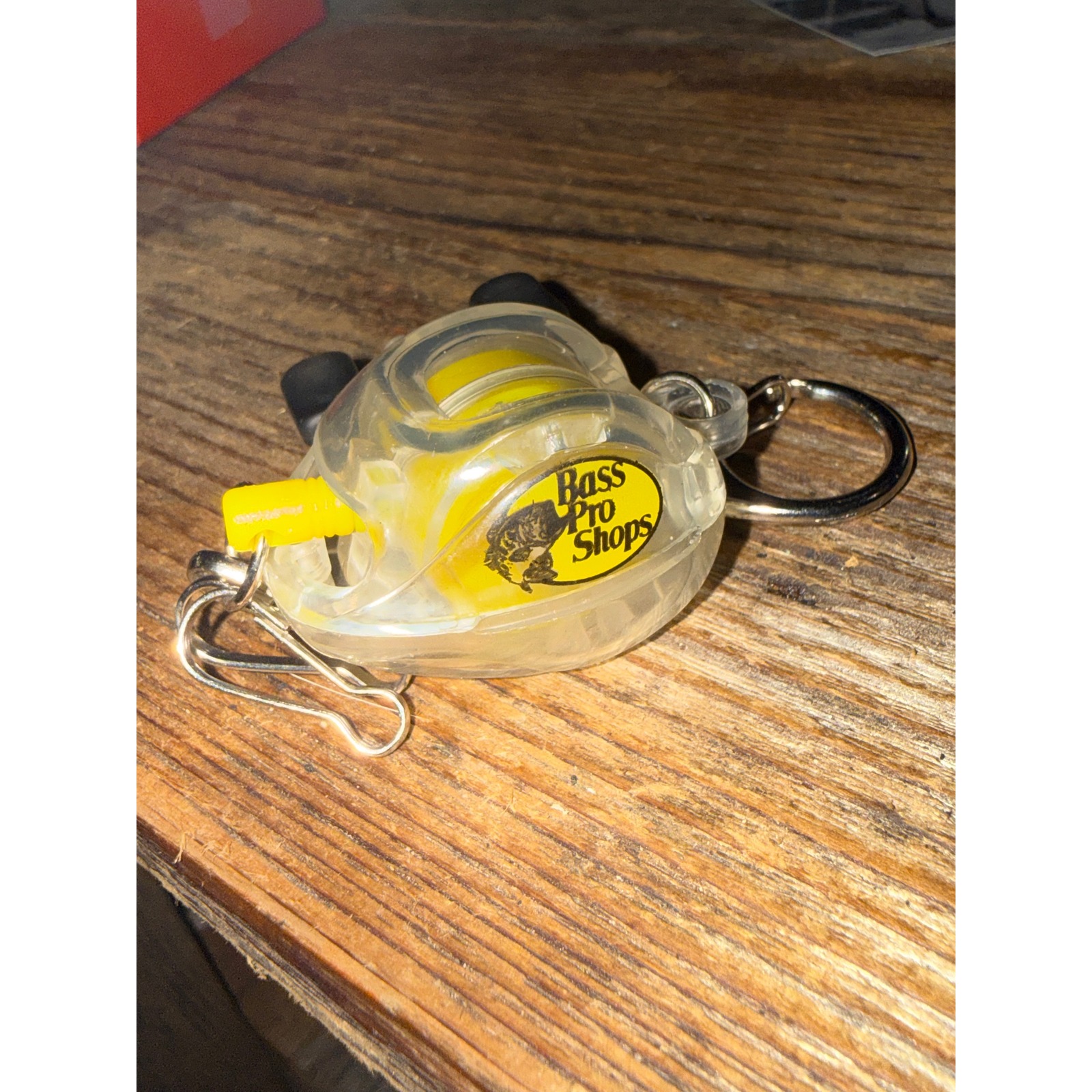 Vtg Bass Pro Shops Fishing Reel Keychain Clear Yellow Novelty Mini Accessory
